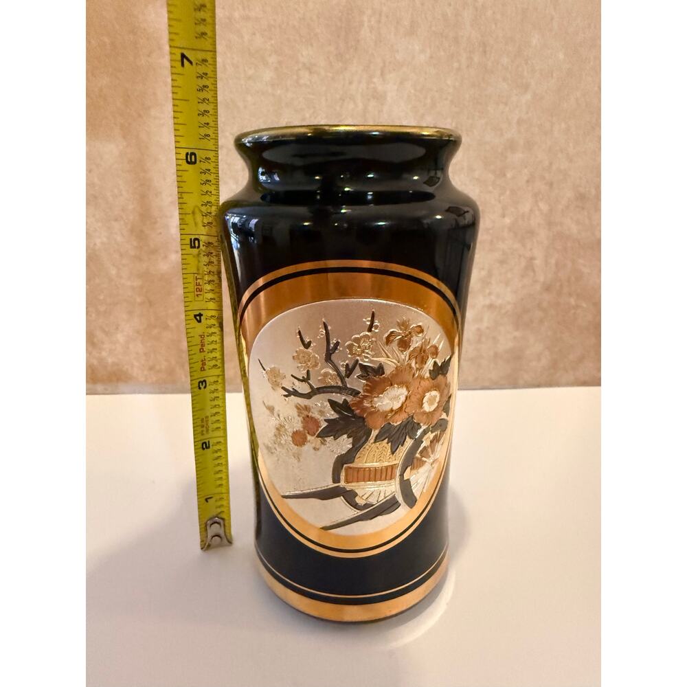 Vintage 11" Art Chokin Japanese Vase 24K Gold Gilded Imperial Flower Cart Black - Picture 11 of 12
